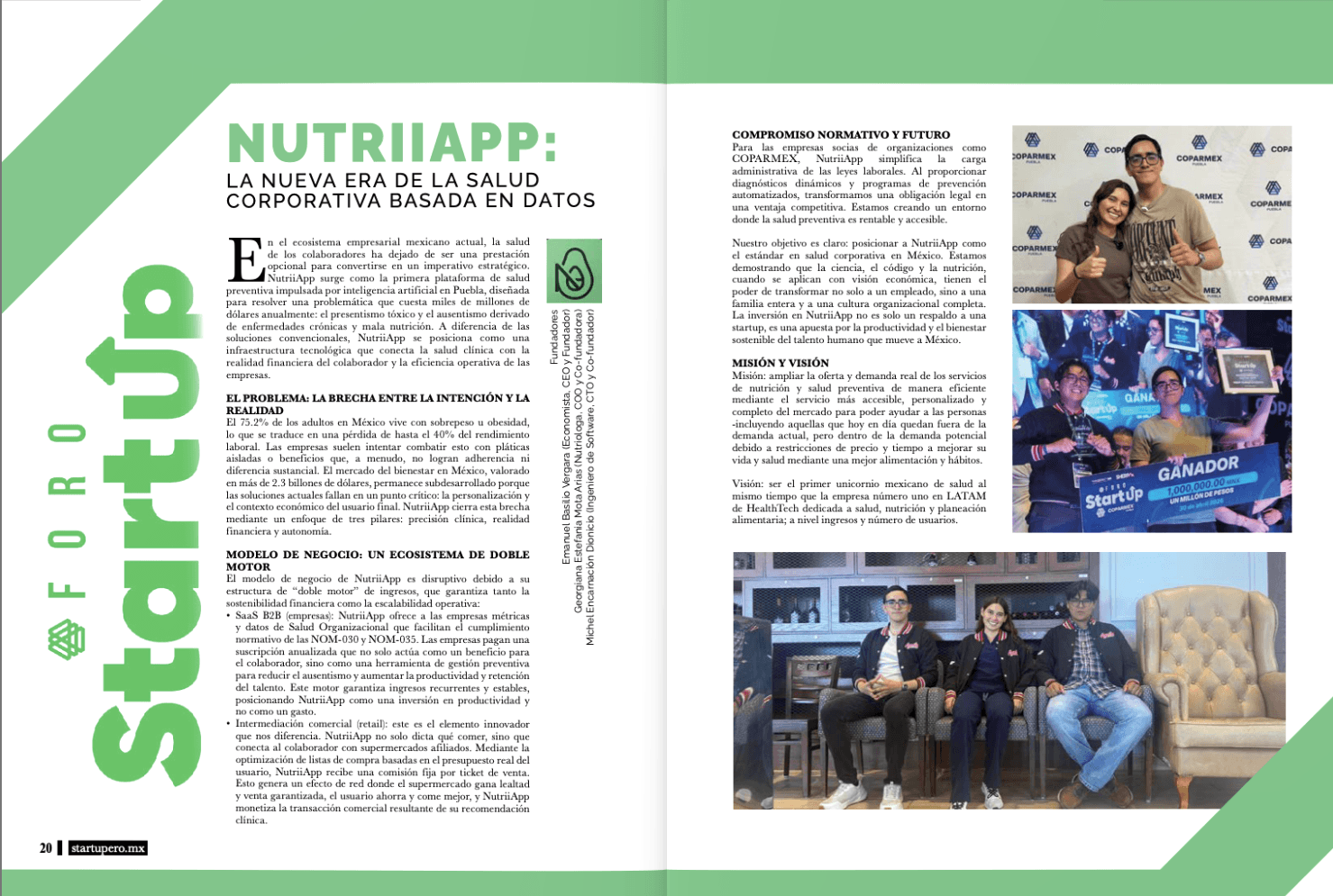 Doble página de Revista Startupero dedicada a NutriiApp y su propuesta de salud corporativa